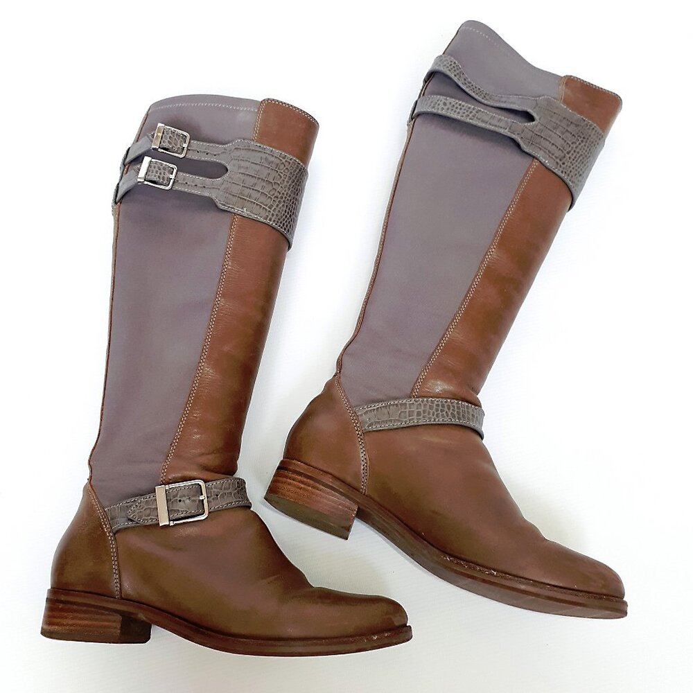 COLE & HAAN Tennley Knee High Buckle Boot in Ironstone Brown & Gray Leather